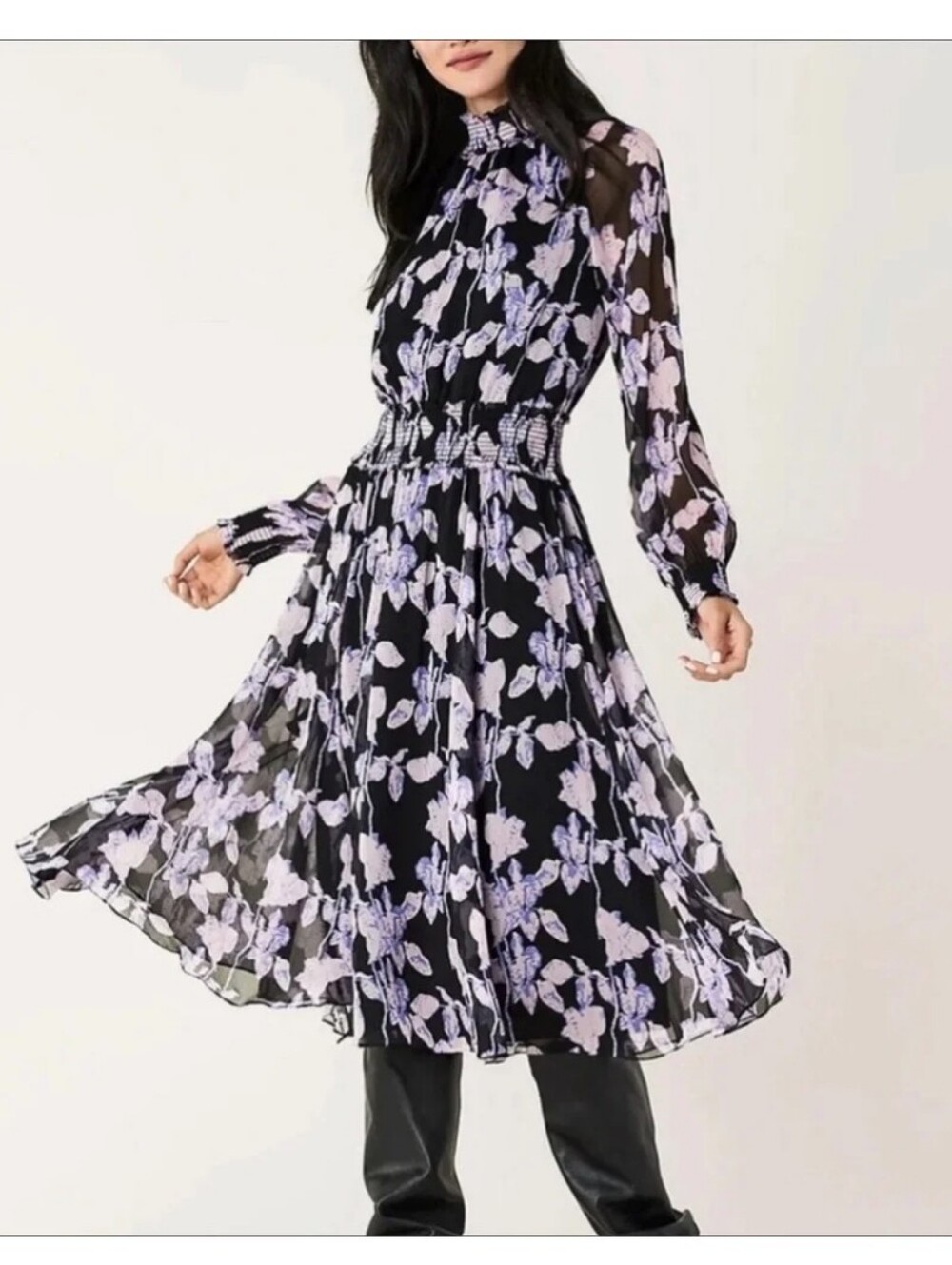 OPT Women's Long Sleeve Purple Floral Smocked Midi Dress Size Medium